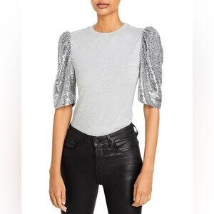 Cinq À Sept Kendra gray/silver Sequin Embellished Sleeve T-shirt - Medium